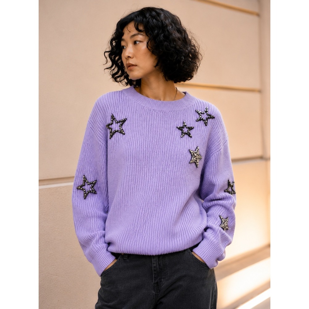 OnTwelfth Lavender Star Embellished Rib Knit Sweater Purple Rhinestone Medium
